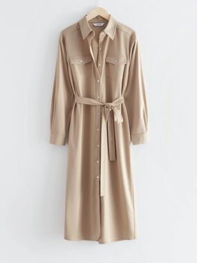 & Other Stories Belted Shirt Midi Beige Dress Size 10